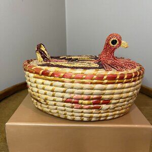 Vintage Rooster Chicken Bird Woven Wicker Basket on Nest 8"